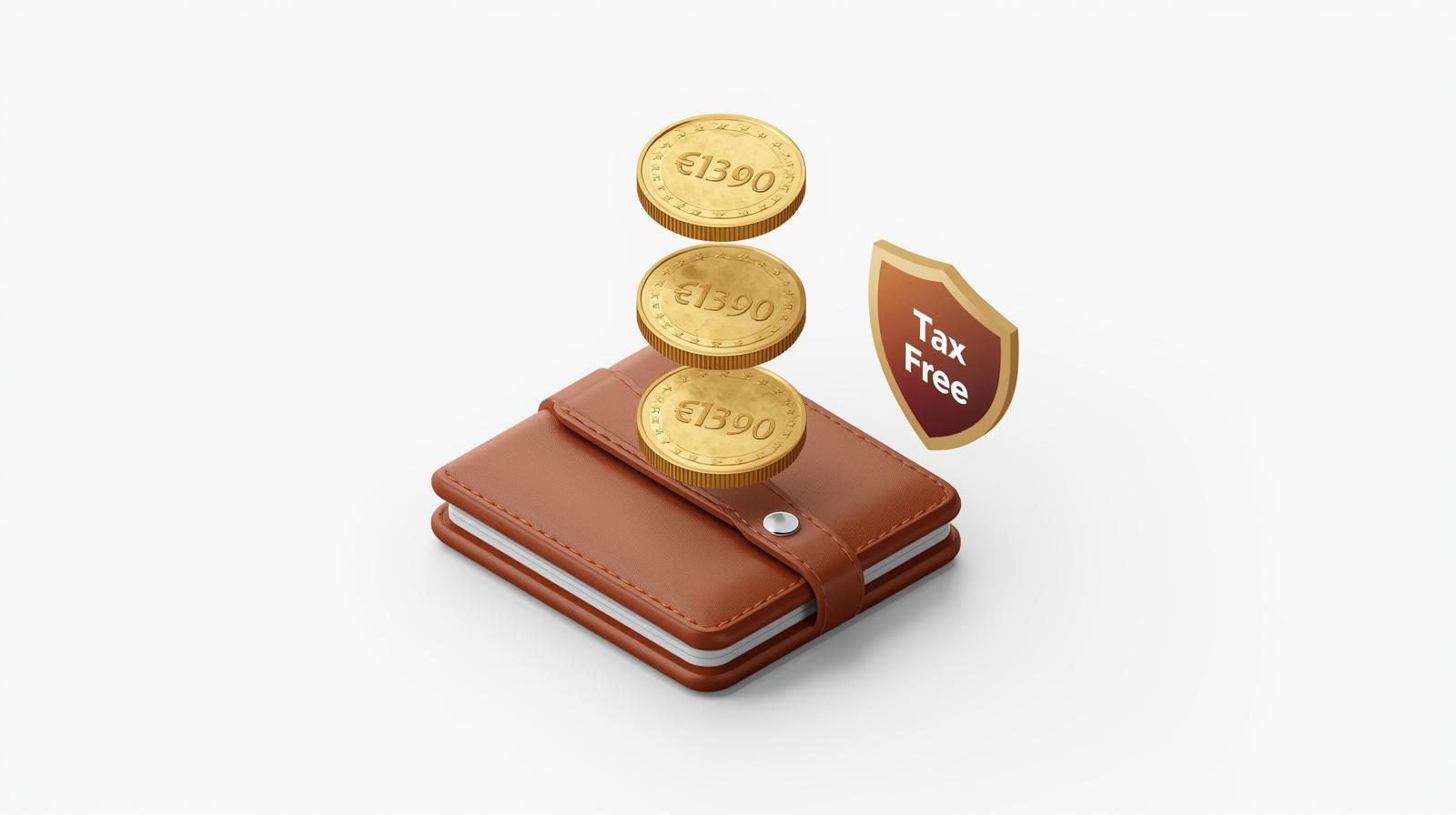 A 3D isometric illustration of a wallet. Floating above it are gold coins labeled _€13.90_ and a shield labeled _Tax Free_. Clean background, infographic style.