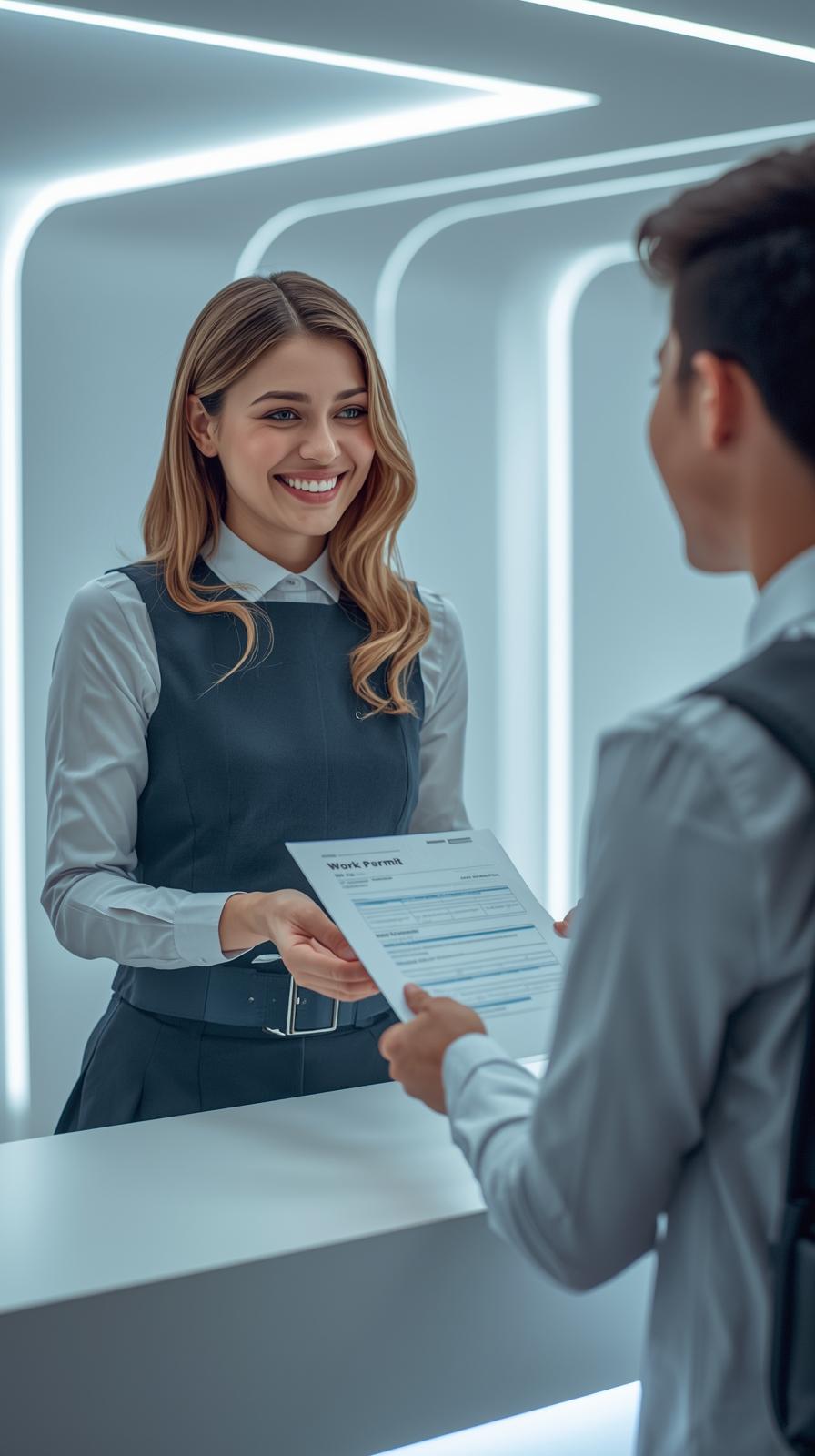 A friendly assistant handing a _Work Permit_ document to a student. Futuristic, clean lines, symbolizing the new digital rules.